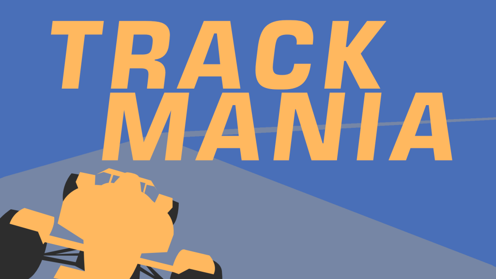 A banner representing the game series "Trackmania" designed with blue and yellow colours.